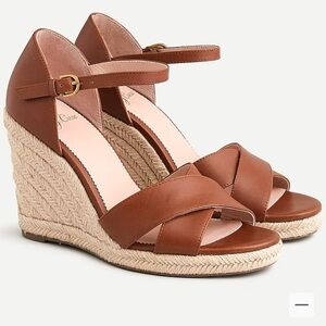 J. Crew jute wedge sandals in leather. Color: warm sepia. 3 3/4 inch heel.